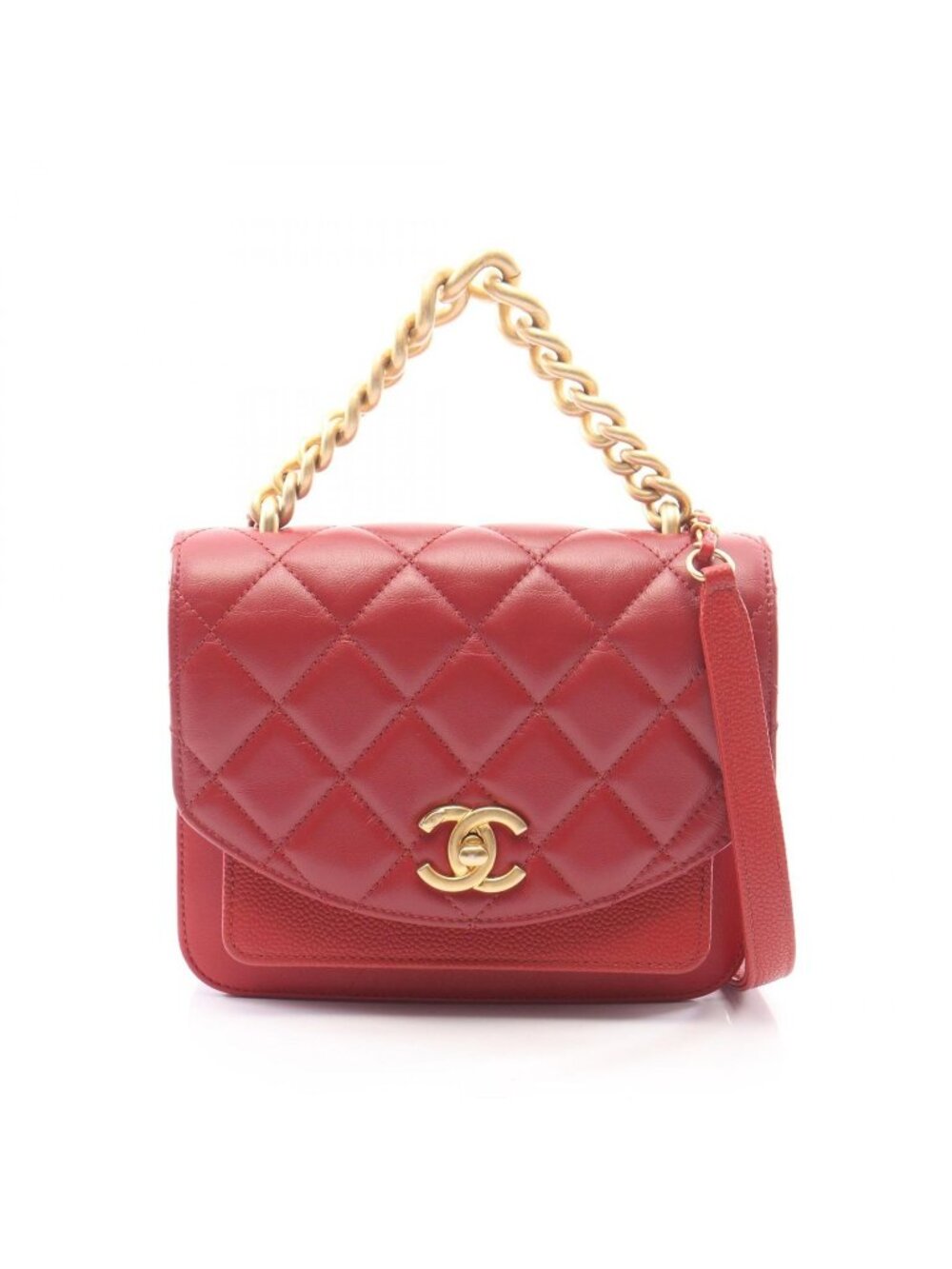 Chanel Shoulder Bag Quilted 2-Way Red Leather Caviar Trichomaterial Small Chain